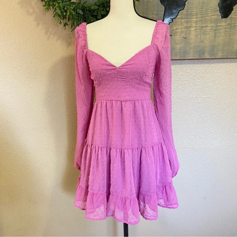 NWOT Lulus Longing And Love Pink Swiss Dot Puffed Long Sleeve Mini Dress_2